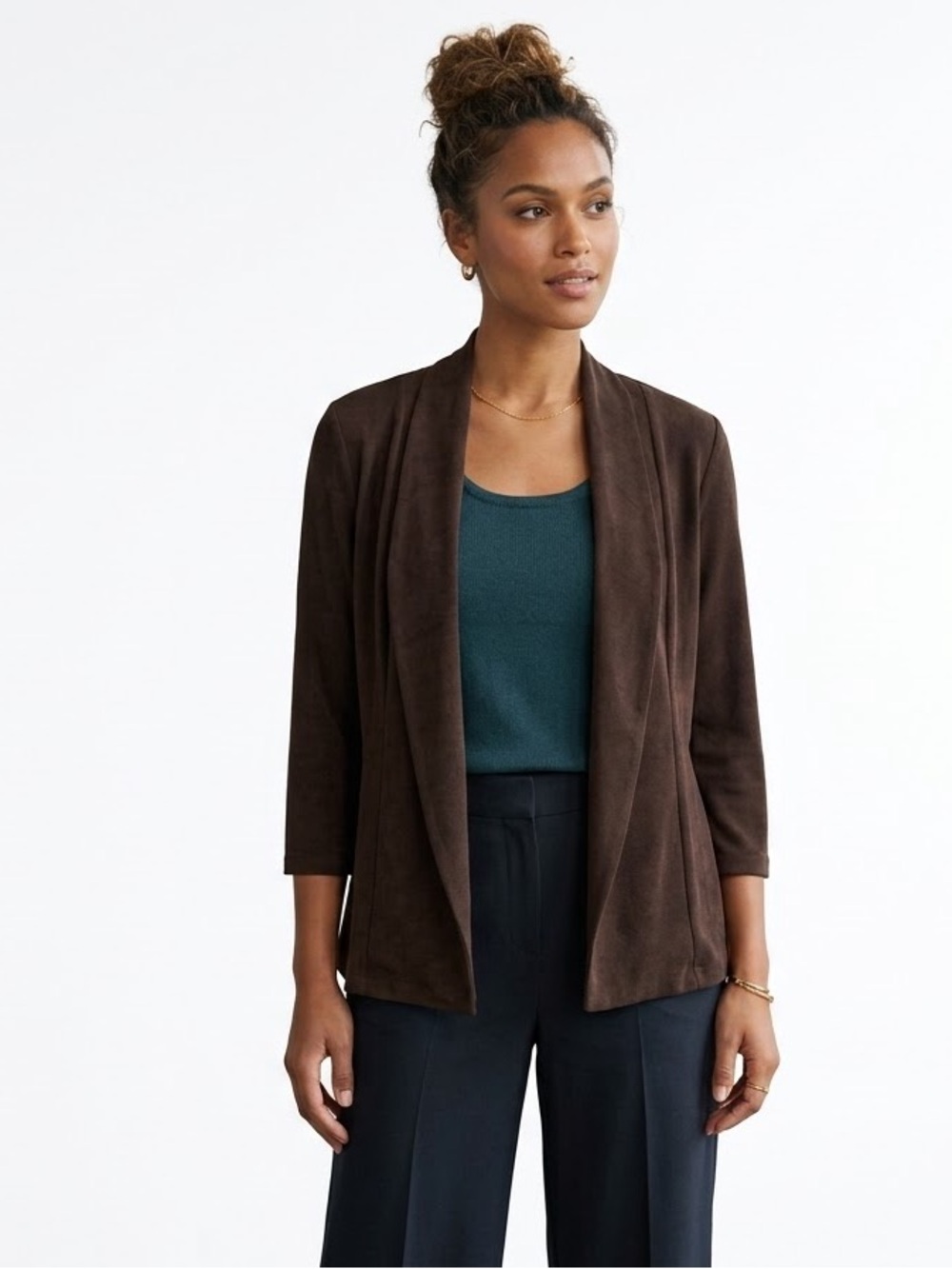 Chico's Dark Brown Open-Front Suede Blazer